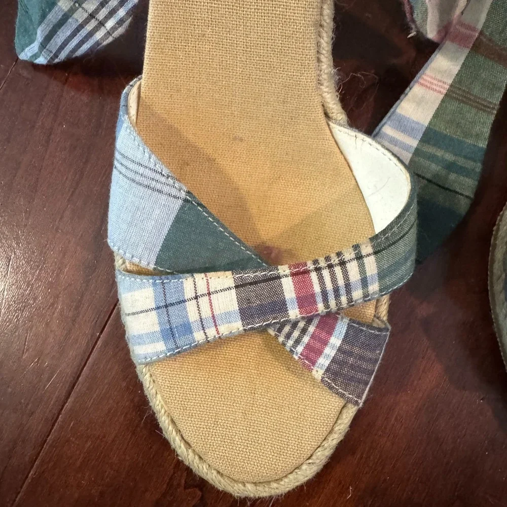 Tommy Hilfiger Plaid Espadrille Wedge Sandals Fabric Ankle Tie 3.5